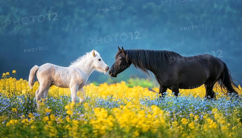A black stallion and a foal, studio, AI generated