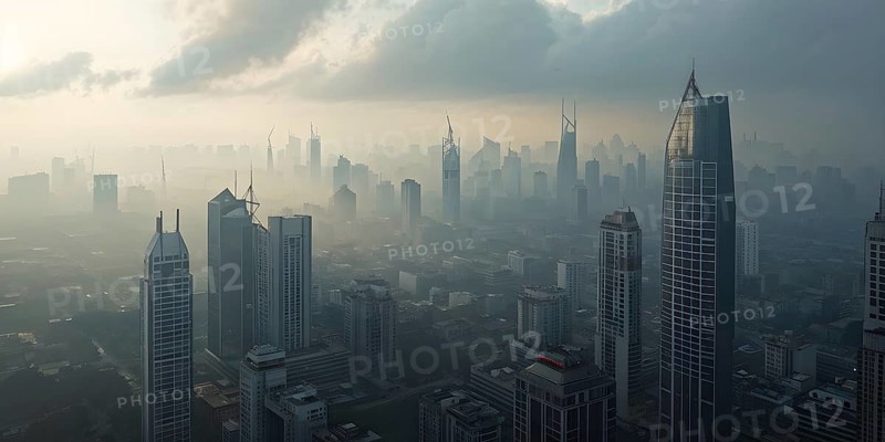 Aerial view of a mega city with smog and pollution, AI generated