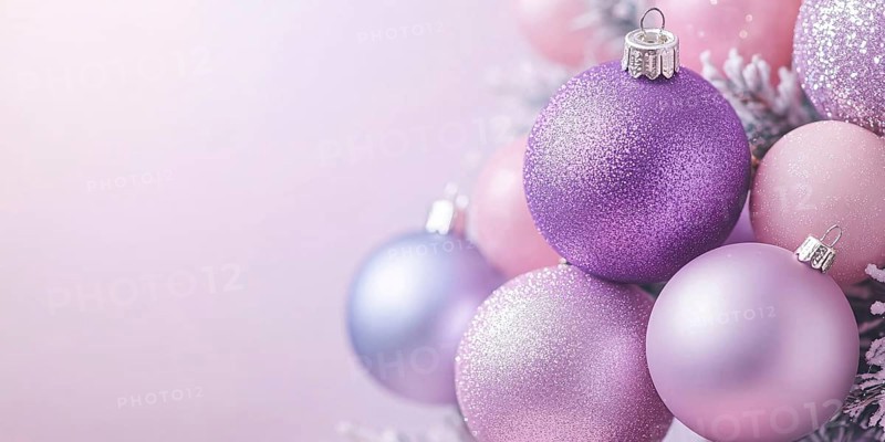 Christmas banner with pink and purple bauble ornaments with copy space. Generative AI, AI generated
