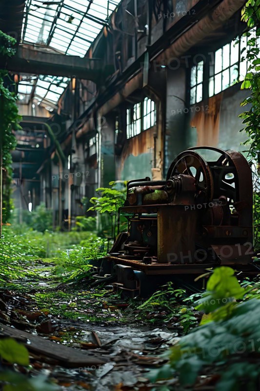 Abandoned factory vines embracing rusted skeletons of machinery whisper of bygone industrial era, AI generated