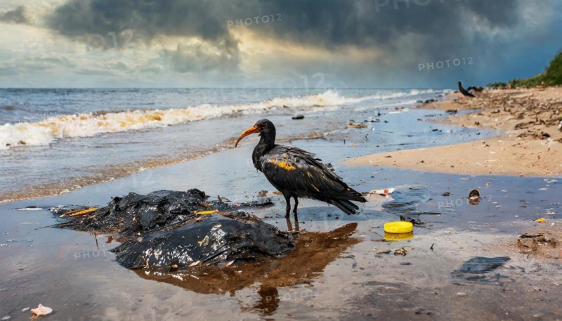 Symbolism, waste problem, environmental pollution, birds with oil-stained feathers, AI-generated, AI-generated, AI generated