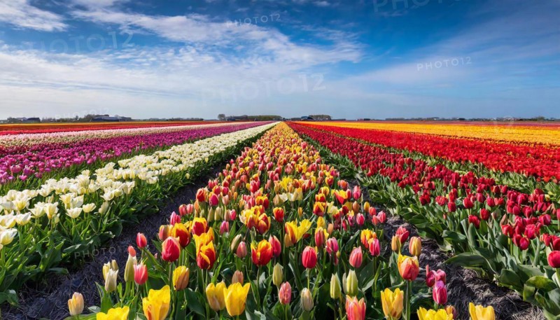 Agriculture, dense, intensely colourful flowering tulip field in Holland, AI generated, AI generated
