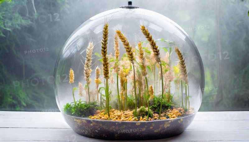 A glass container in which different types of grain grow under controlled conditions, wheat, AI-generated, AI-generated, AI generated