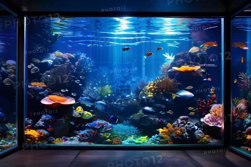 Large vibrant aquarium centerpiece in a cozy living room, AI generated