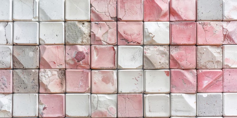 Wall with square shaped white and pink stone cubes. KI generiert, generiert, AI generated