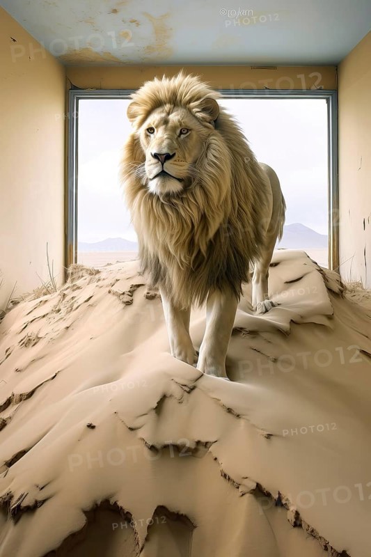 Male Lion in an abandoned house in a desert ghost town, Africa, AI generated