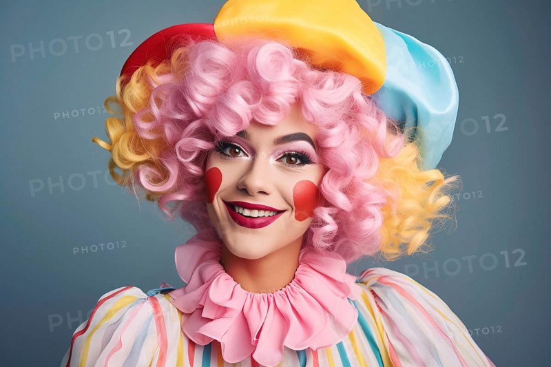 Smiling young woman with clown costume and makeup on blue studio background. KI generiert, generiert AI generated