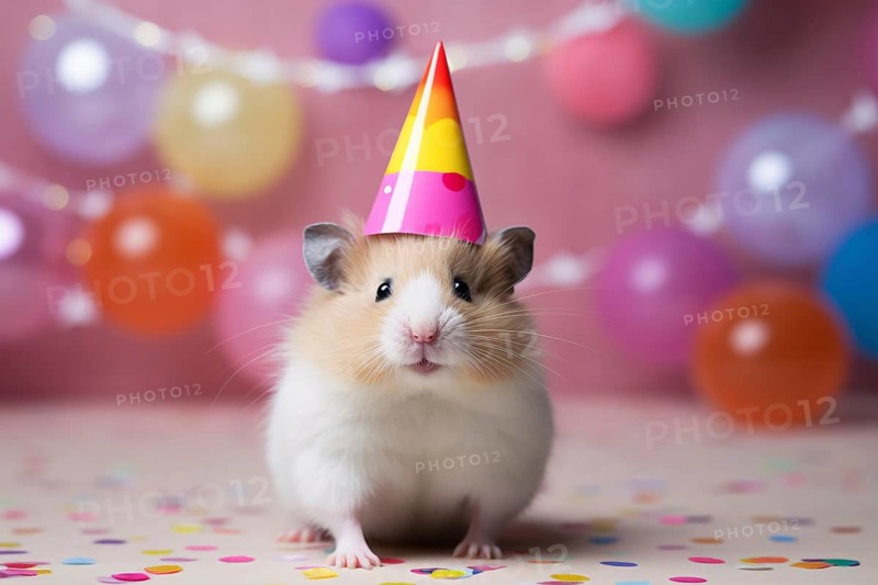 Cute pet hamster with birthday party hat with balloons and paper streamers in blurry background. KI generiert, generiert AI generated
