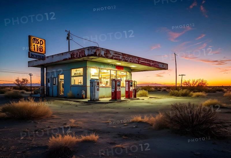 Abandoned retro gas station in the middle of a desert at sundown, with rusted gas pumps and an old sign, AI generated