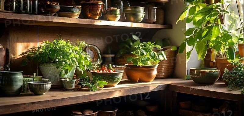 A sunlit kitchen corner, with a rustic wooden shelf holding neatly arranged ceramic bowls and a single, vibrant green houseplant, AI generated