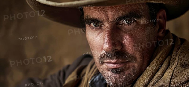 Authentic gaucho portrait. A man with a cowboy hat and beard is looking at the camera, AI generated