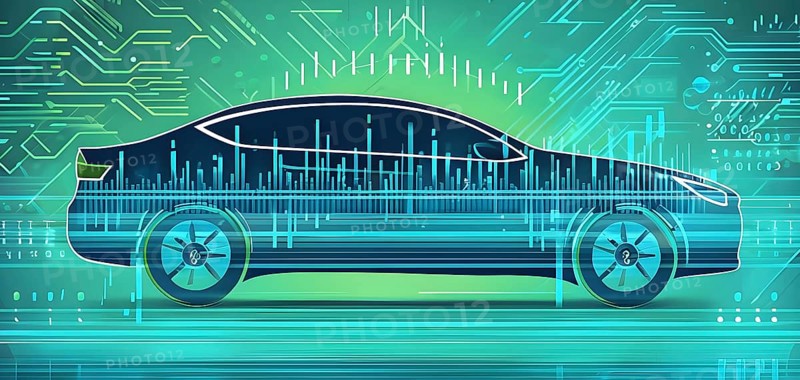 Sport car silhouette with vibrant green dynamic lines showing motion, surrounded by data streams, AI generated