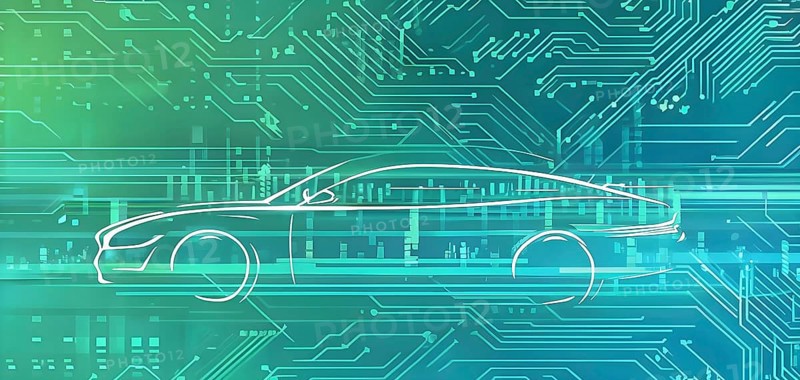 Sport car silhouette with vibrant green dynamic lines showing motion, surrounded by data streams, AI generated