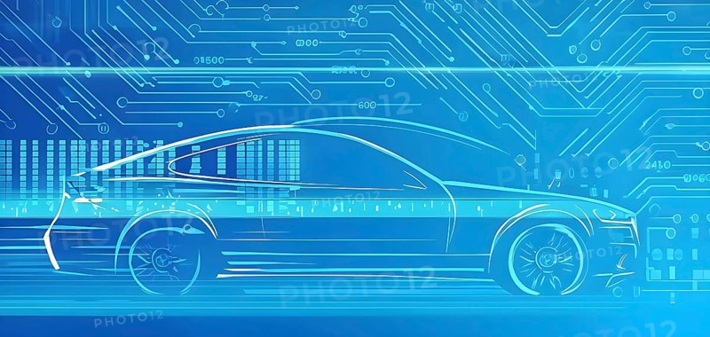 Sport car silhouette with vibrant blue dynamic lines showing motion, surrounded by data streams, AI generated