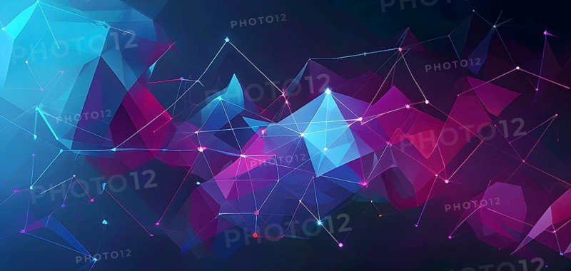 Abstract polygons shifting and rotating seamlessly, connected by glowing lines representing AI networks, vibrant hues, AI generated