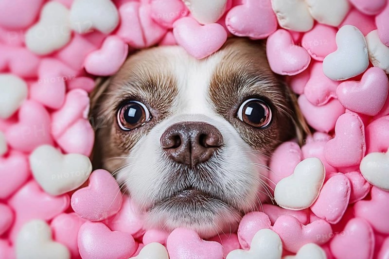 Funny dog face surrounded by pinka nd white heart shaped Valentine's Day candy. Generative Ai, AI generated