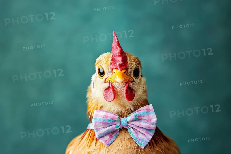 Funny chicken with bow tie in fornt of green background. Generative Ai, AI generated