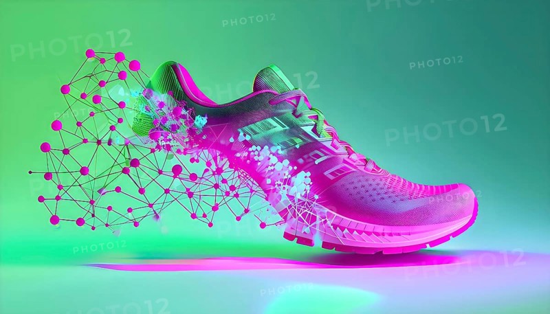 Sporting equipment, like a running shoe, breaking into pixels and data points, morphing into a network of neural nodes, AI generated