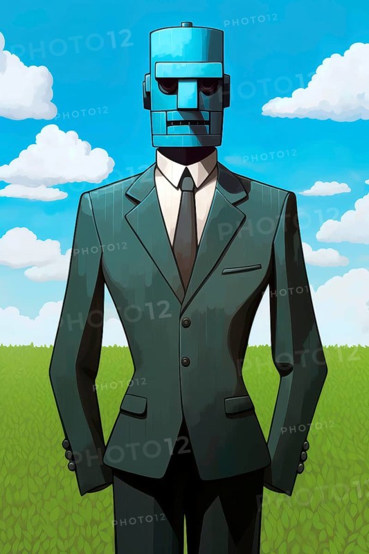 Surrealist representation of a man with an iron mask standing in a meadow, AI generated