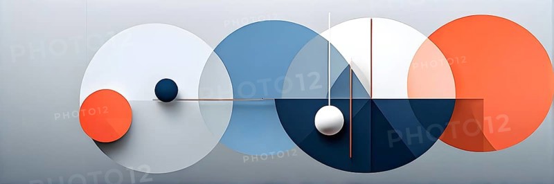 Minimalist composition of overlapping geometric shapes, such as circles, squares, and triangles, with clean lines and muted pastel colors, AI generated