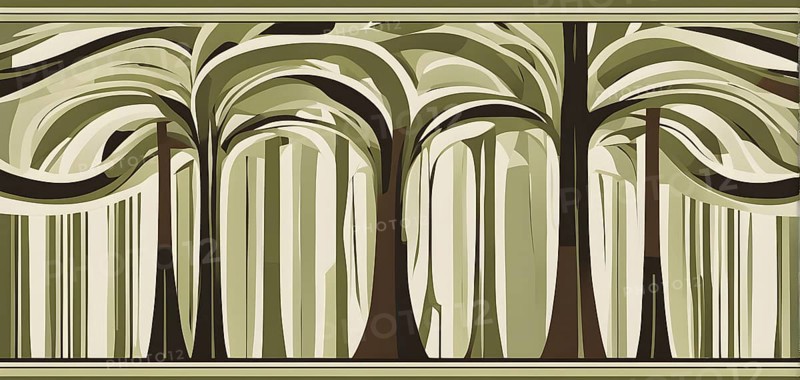 Abstract geometric tree with a circular canopy and a rectangular trunk, arranged in a clean, balanced design with a limited color palette of olive green, deep brown, and ivory, AI generated