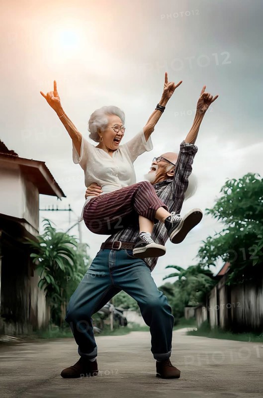 Two mobile seniors, an old man and an old woman dance lively to lively music, symbolic image, lively, happy, zest for life, zest for life in old age, pleasure, leisure, listening to music, satisfied, happy, AI generated, AI generated