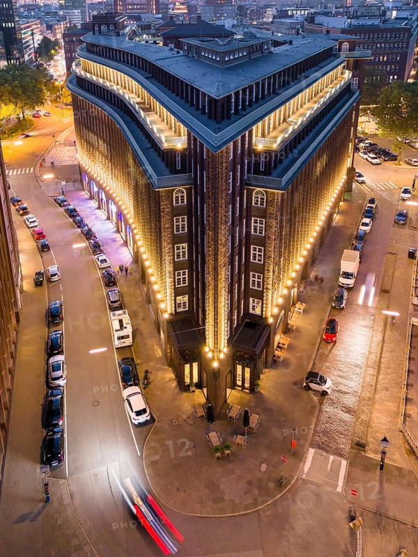 Aerial view of the Kontorhaus Chilehaus in Hamburg's Kontorhaus district at the blue hour, Hamburg, Germany, Europe
