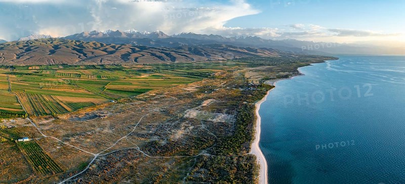 Aerial view, landscape at Lake Issyk Kul, Kyrgyzstan, Asia