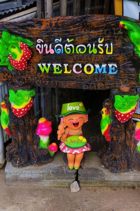 Welcome, sign in a hotel entrance, greeting, inviting, colourful, shrill, asian, friendly, hint, writing, Thailand, Asia
