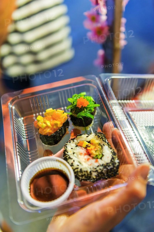 Sushi in a plastic box, market, evening market, food, nutrition, fish, snack, Asian, plastic, box, Thailand, Asia