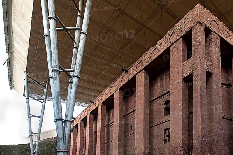 The underground monolithic rock church Biete Medhane Alem under a protective roof against weather damage, UNESCO World Heritage Site Lalibela, Ethiopia, Africa