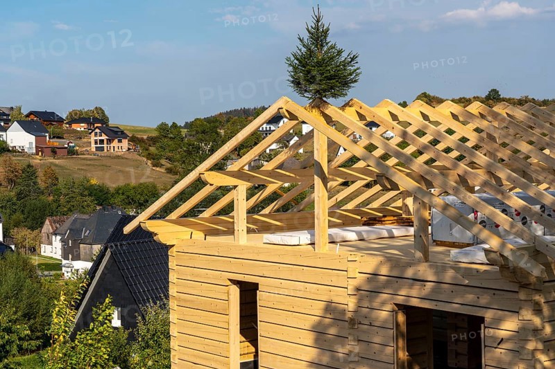 Shell of a wooden house, building, completely made of wood, in the village of Hesborn, in Sauerland, North Rhine-Westphalia, Germany, Europe