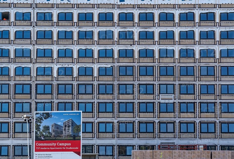 Construction site of the Community Campus, 737 student flats, each 20 square metres in size, fully furnished, in modular construction, using prefabricated room modules, by the Dutch modular building contractor Jan Snel, largest modular building in Europe, Bochum North Rhine-Westphalia, Germany, Europe
