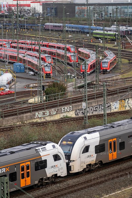 DB Regio stabling facility in Cologne Deutzerfeld, where suburban trains and regional trains wait for their turn, RRX train on the line, Cologne Deutz, North Rhine-Westphalia, Germany, Europe