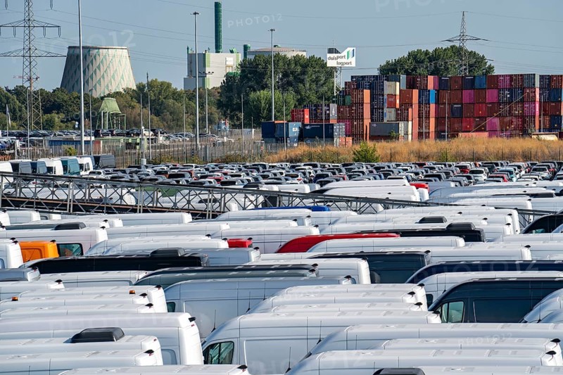 Car terminal in the inland port Logport I, in Duisburg on the Rhine, vehicle handling of new cars, vans, Mercedes-Benz Sprinter, storage space, North Rhine-Westphalia, Germany, Europe