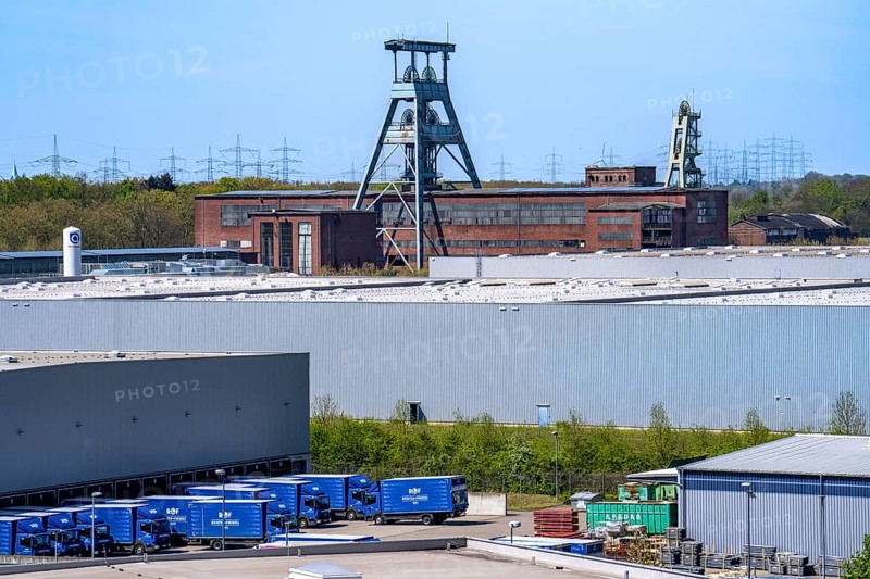 Truck, lorry, logistics company, logistics centre on the former Ewald colliery site in Herne, North Rhine-Westphalia, Germany, Europe