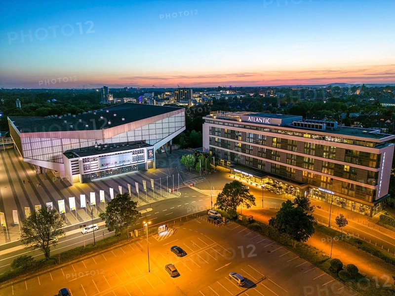 The Grugahalle, left, and the Atlantic Congress Hotel, Essen North Rhine-Westphalia, Germany, Europe