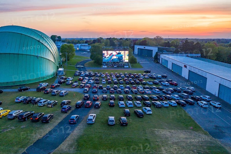 Drive-in cinema at Essen/Mülheim Airport Motor Movies, temporary film screening, at the WDL airship hangar, event in compliance with contact restrictions, effects of the corona crisis in Essen, Mülheim Germany