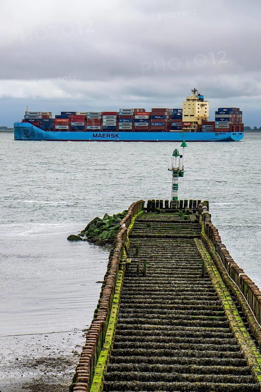 The Danish container ship Vistula Maersk is sailing towards the port of Antwerp, here in the Westerschelde, pier at the harbour of Vlissingen, Zeeland, Netherlands