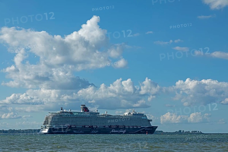 Mein Schiff cruise ship passes Laboe, Schleswig-Holstein, Germany, Europe
