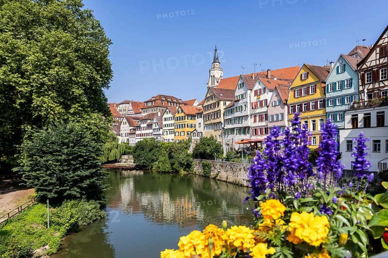 Tübingen Neckarfront with Neckar and historic facades. Postcard motif with collegiate church and Hölderlin tower. Tübingen, Baden-Württemberg, Germany, Europe