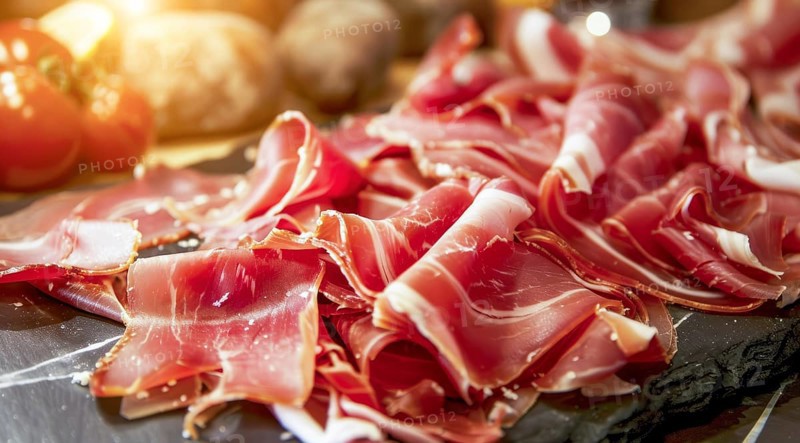 Cured and smoked ham. Hamon iberico and prosciutto on a cutting board, AI generated