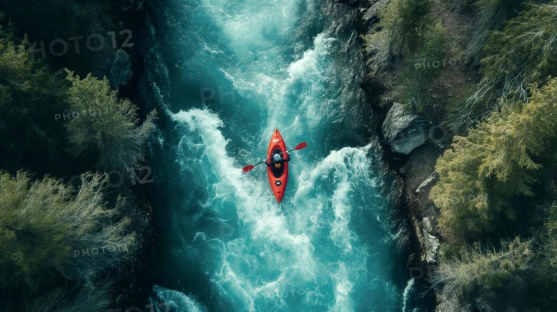 Aerial view of A kayaker paddling the rapids of a beautiful mountain river. generative AI, AI generated