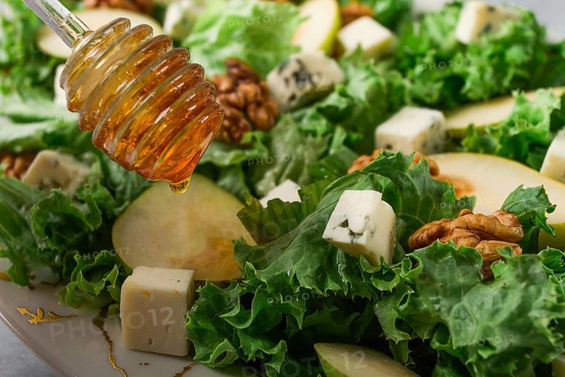 Keto Salad, pear with blue cheese and walnut, selective focus, no people, close-up