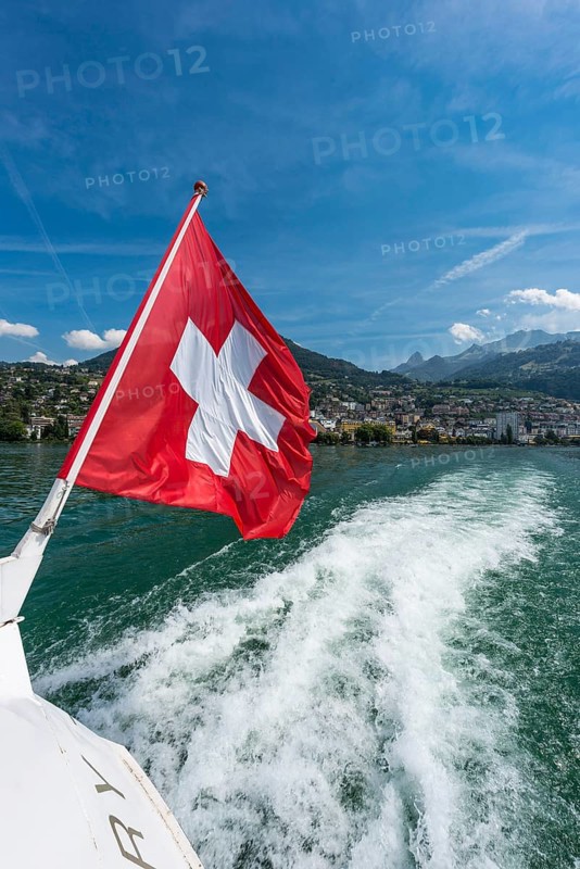 Swiss flag, flag, national flag, wind, red, white, Alps, account, money, bank, system, waving, waving, in Montreux on Lake Geneva, Vaud, Switzerland, Europe