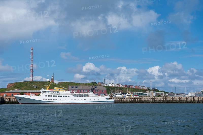 View from south-east to harbour facilities, Unterland and Oberland, offshore island Helgoland, seaside resort ship Funny Girl, blue sky, North Sea, district Pinneberg, Schleswig-Holstein, Germany, Europe