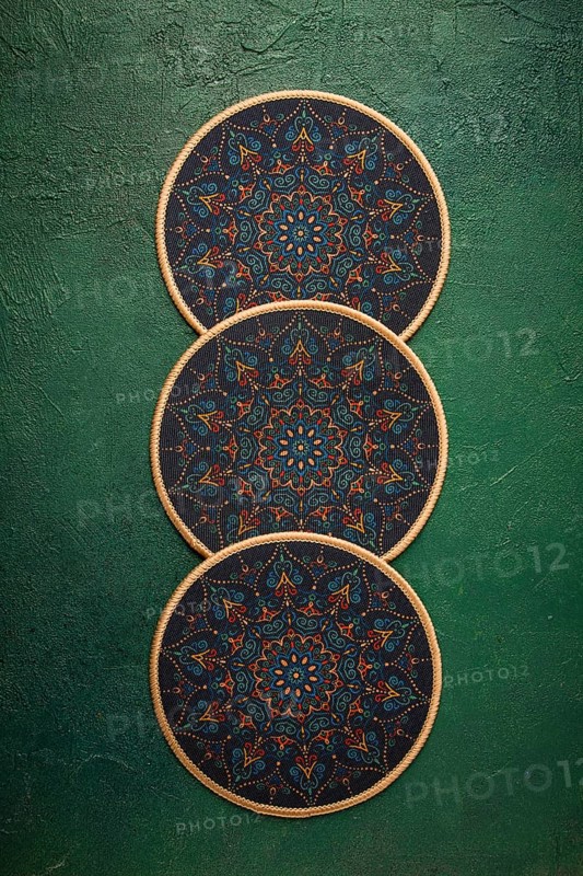 Round serving napkins for a plate, three pieces, with an ornament, in oriental style, sets, blotters, placemats