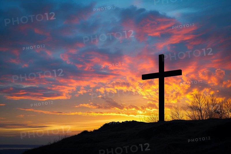 Easter concept cross on Golgotha Calvary hill against a dramatic sunset, AI generated