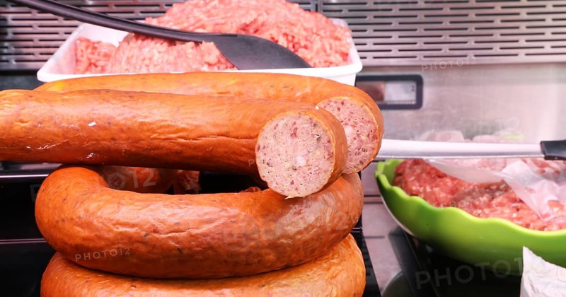 Sausage counter in a butcher's shop