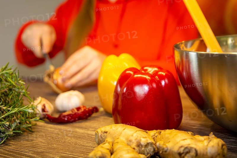 Vegan cooking: Close-up of peppers and ginger